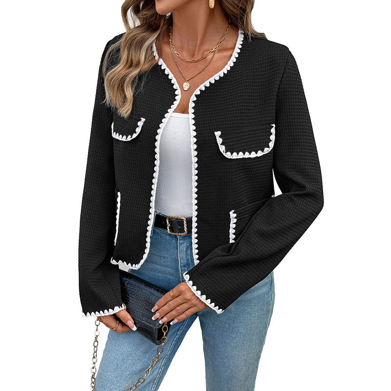 Loose V-neck Trim Contrast Color Non-buckle Coat For Women