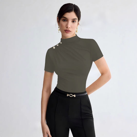 Women's Summer Solid Color Elegant Pleated Short Sleeves T-shirt