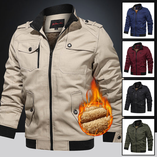 Fleece-lined Thickened Korean Style Casual Polo Collar Flight Jacket Warm-keeping Cotton Clothing
