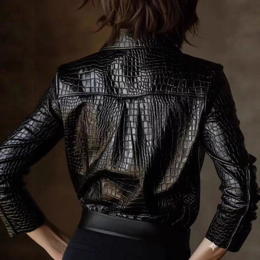 Women's PU Leather Glossy Serpentine Long-sleeved Top