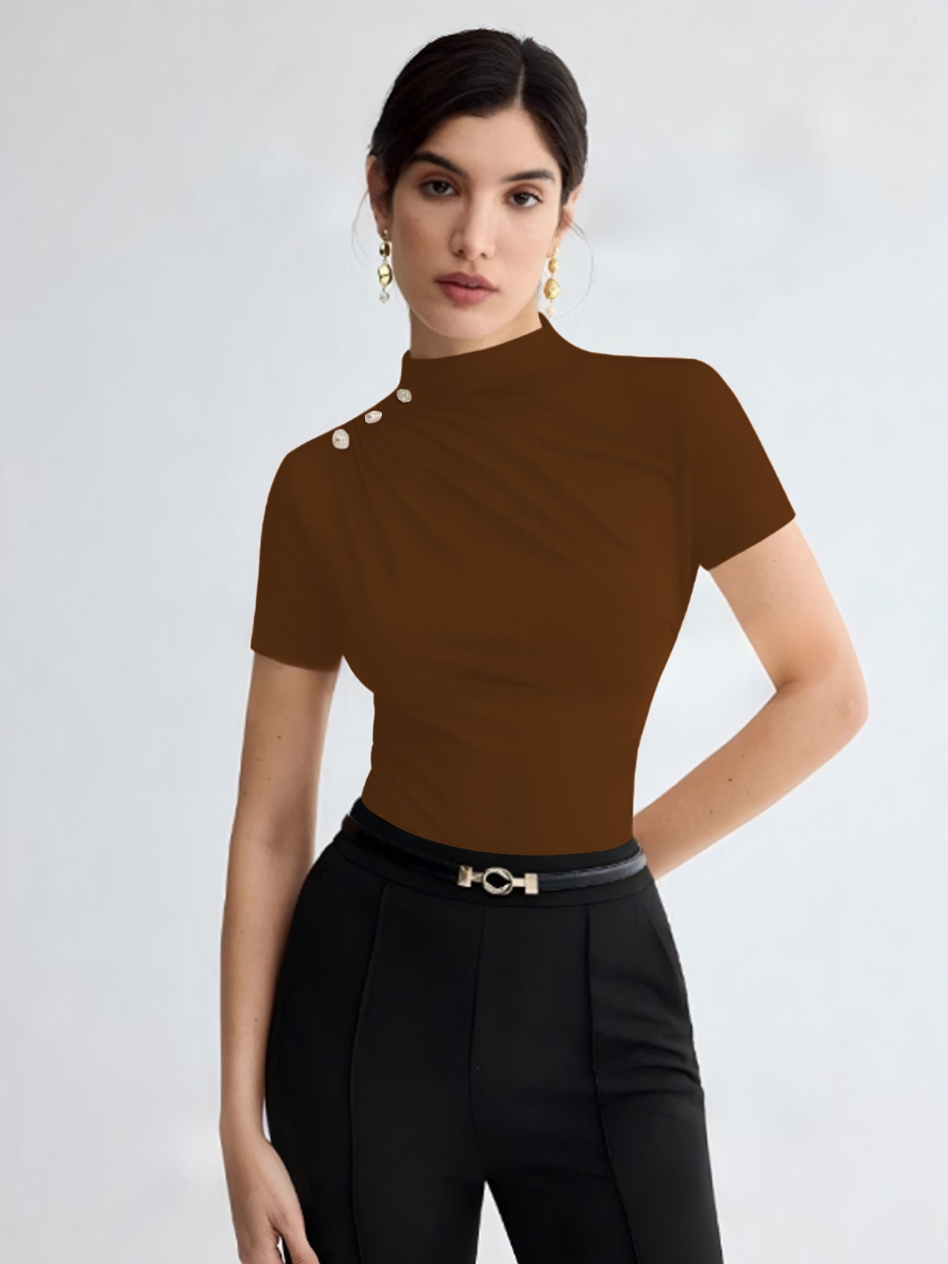 Women's Summer Solid Color Elegant Pleated Short Sleeves T-shirt