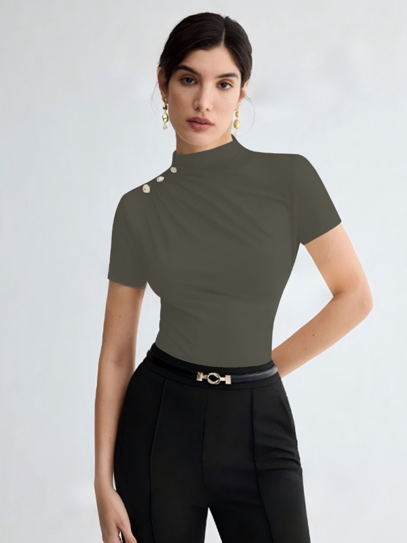 Women's Summer Solid Color Elegant Pleated Short Sleeves T-shirt