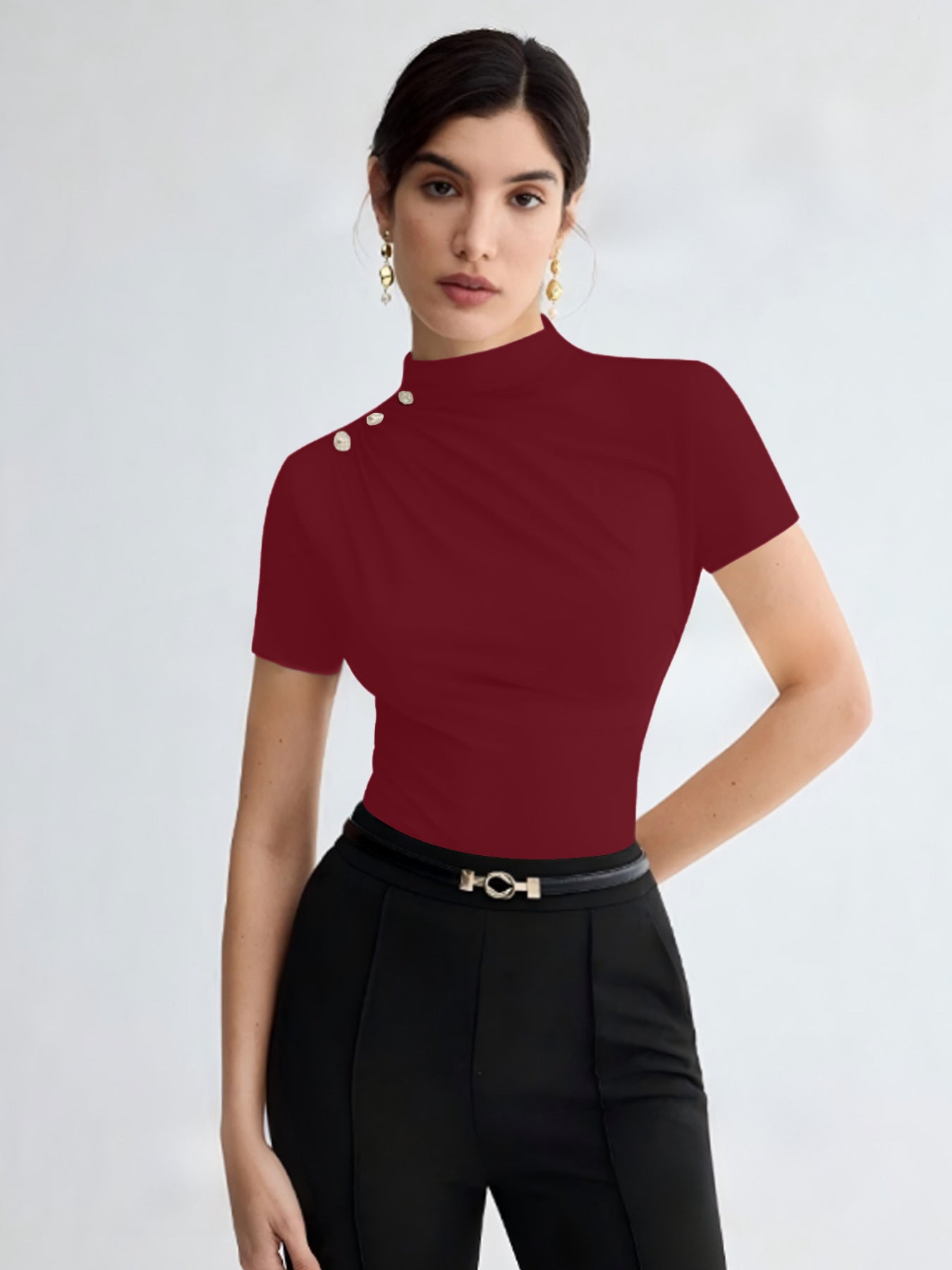 Women's Summer Solid Color Elegant Pleated Short Sleeves T-shirt