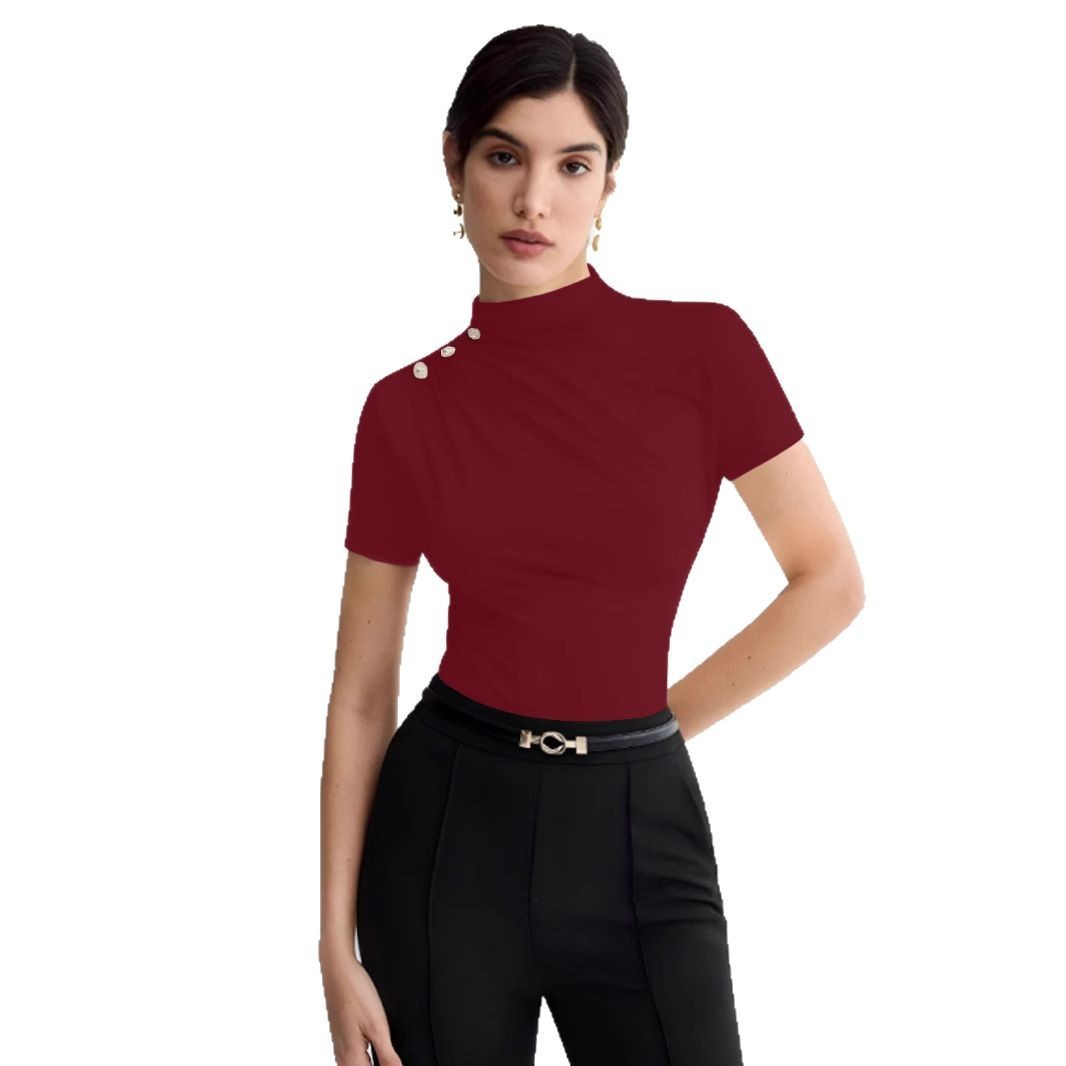 Women's Summer Solid Color Elegant Pleated Short Sleeves T-shirt