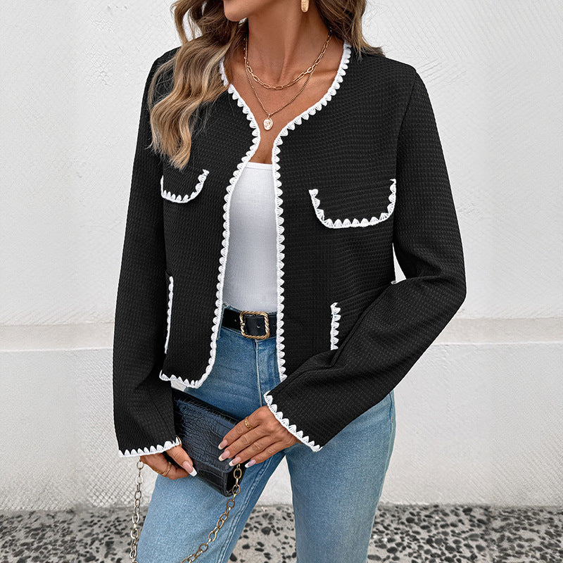 Loose V-neck Trim Contrast Color Non-buckle Coat For Women