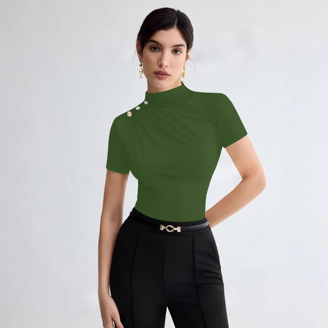 Women's Summer Solid Color Elegant Pleated Short Sleeves T-shirt
