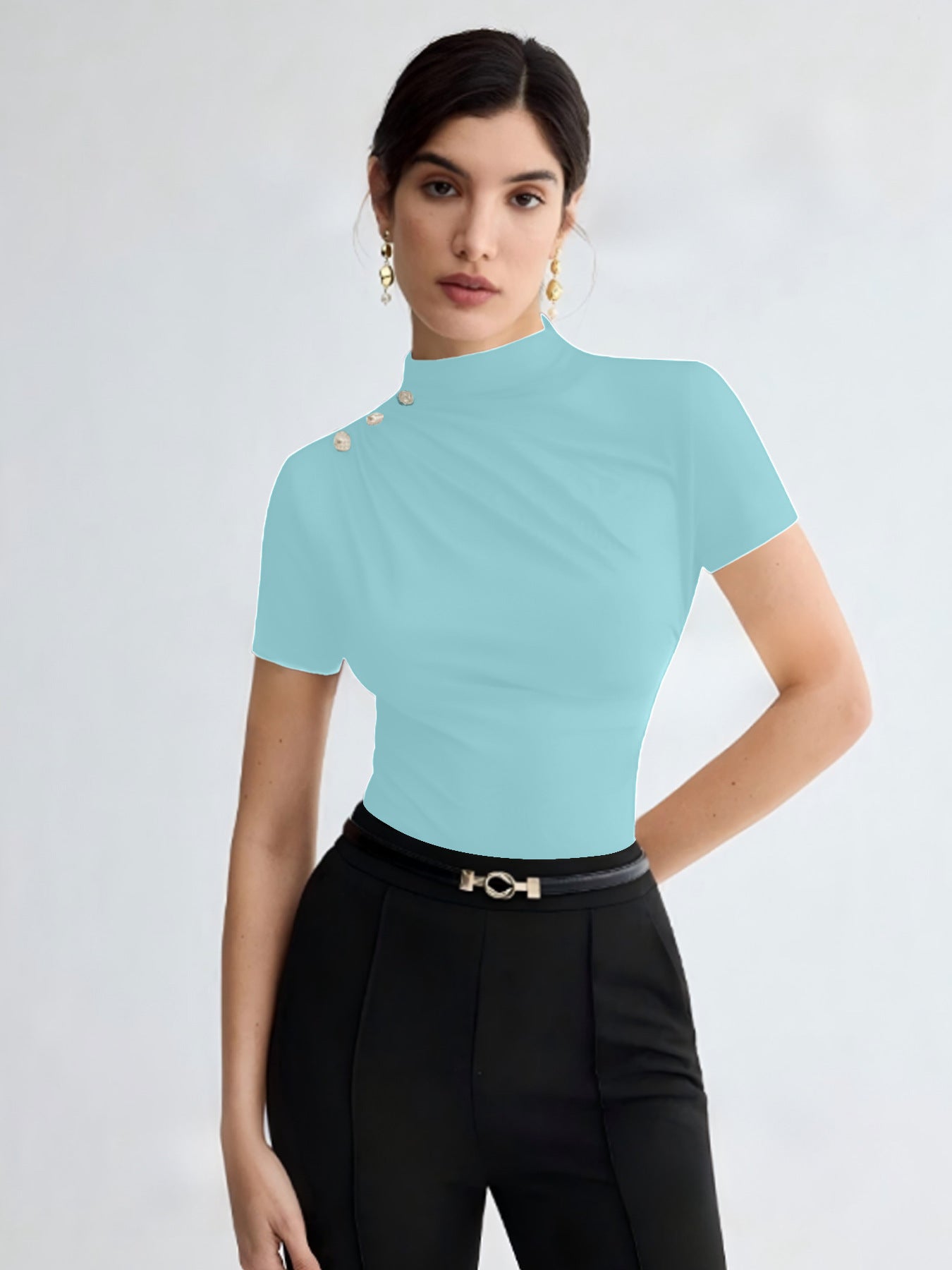 Women's Summer Solid Color Elegant Pleated Short Sleeves T-shirt