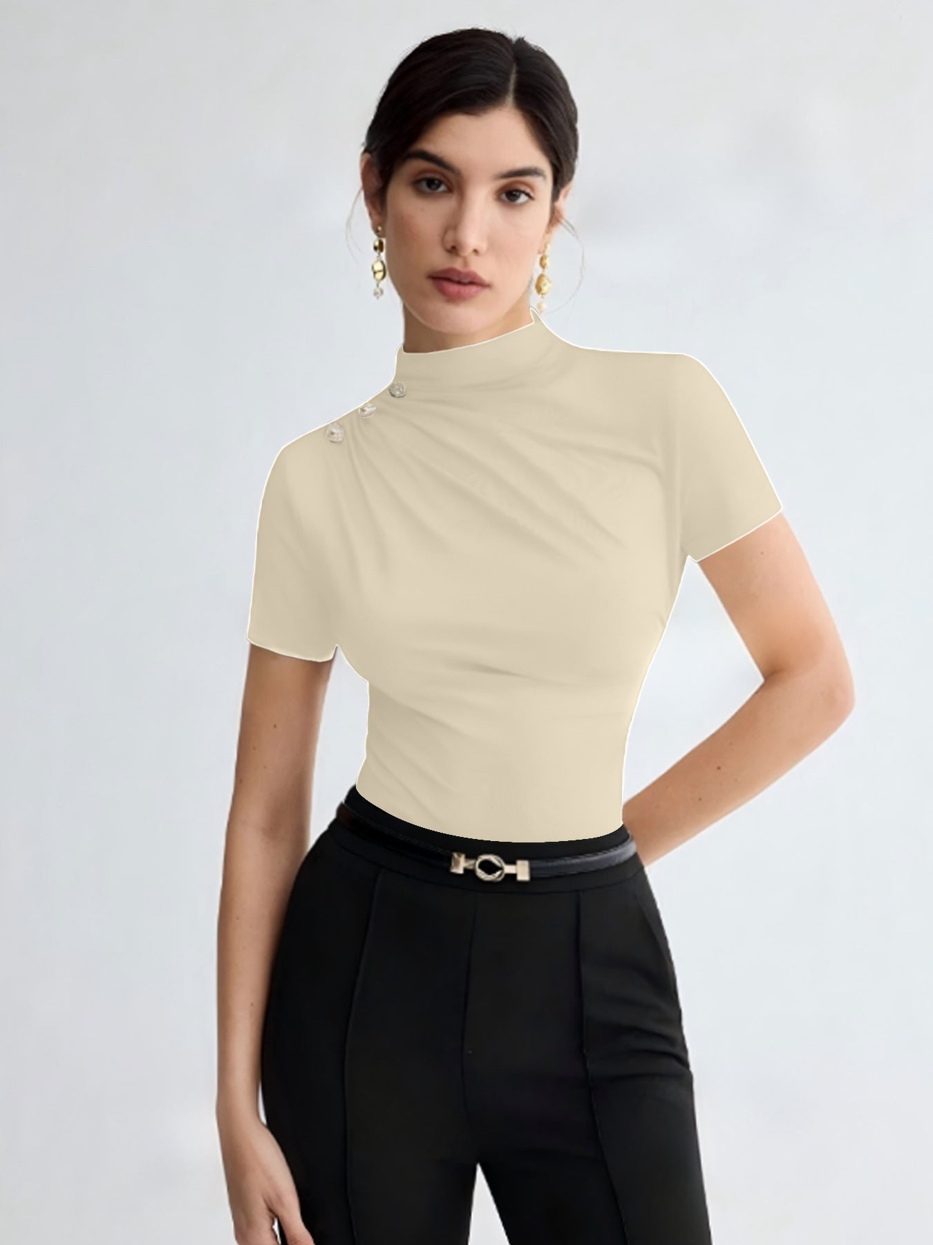 Women's Summer Solid Color Elegant Pleated Short Sleeves T-shirt