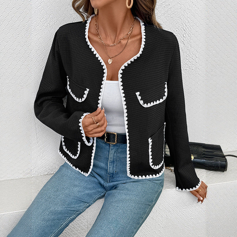 Loose V-neck Trim Contrast Color Non-buckle Coat For Women
