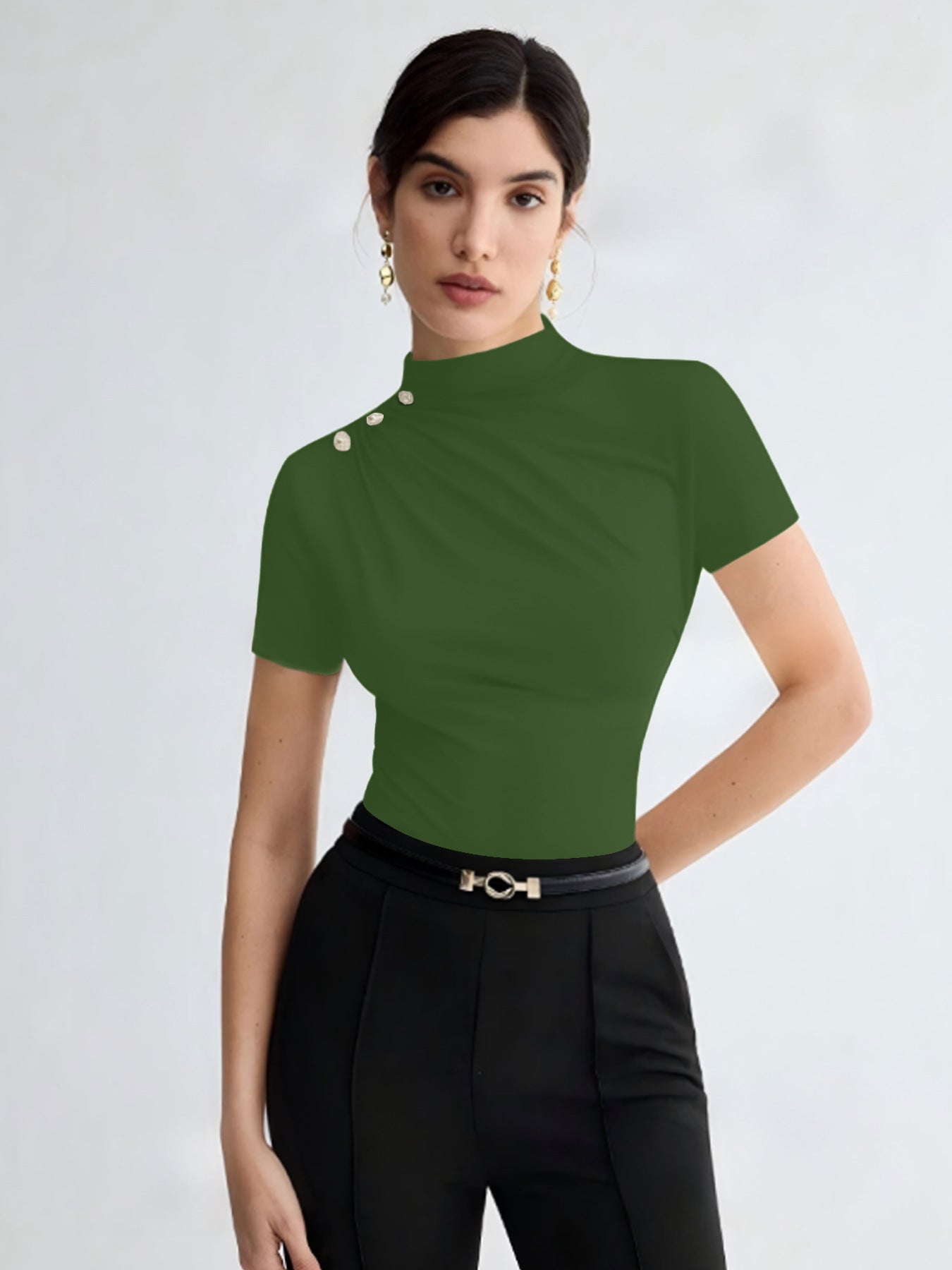 Women's Summer Solid Color Elegant Pleated Short Sleeves T-shirt