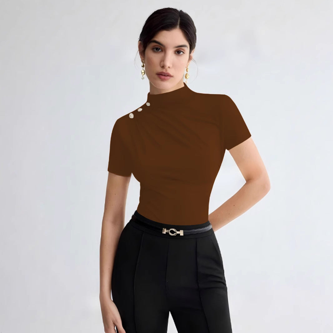 Women's Summer Solid Color Elegant Pleated Short Sleeves T-shirt