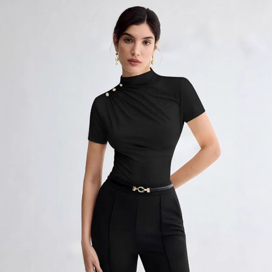 Women's Summer Solid Color Elegant Pleated Short Sleeves T-shirt