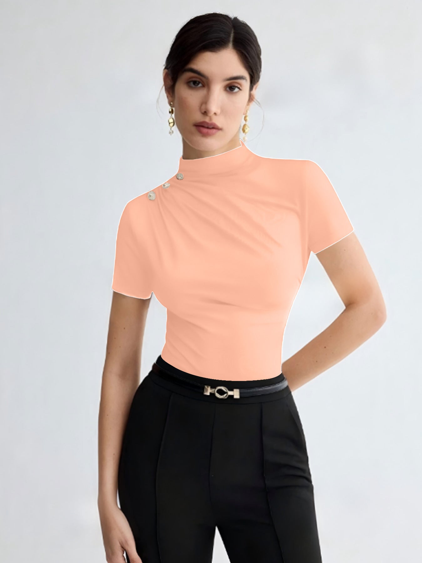 Women's Summer Solid Color Elegant Pleated Short Sleeves T-shirt